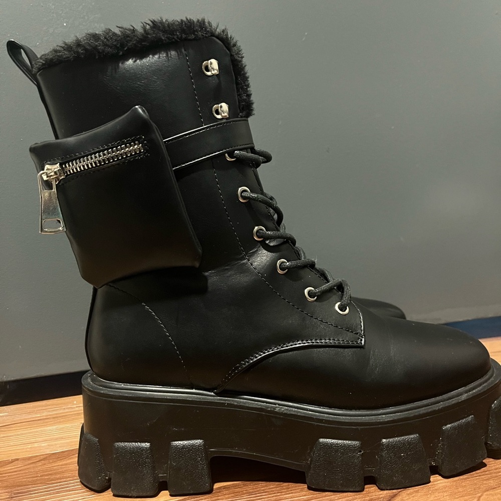 Black PU Leather platform boots.